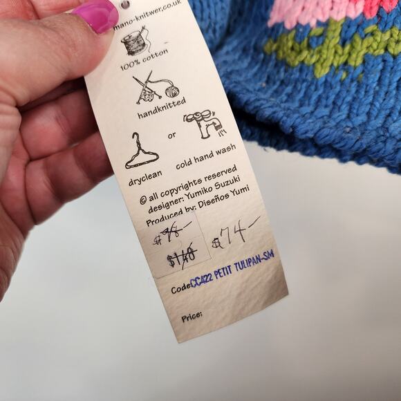Rare NWT Vintage Amano S/M Hand Knit Cotton Cardigan Tulips Floral Blue Bolivia - Picture 8 of 10